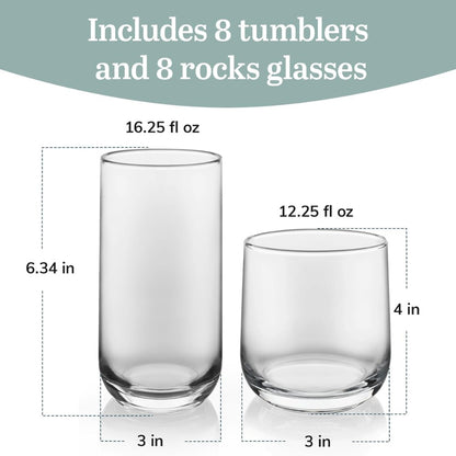 Libbey Ascent Tumbler & Rocks Drinking Glasses Set of 16 | Clear Lead-Free Glass Drinkware Set with 8 Tall Tumblers (16.25 oz) & 8 Rocks Glasses (12.25 oz) | Water, Juice, Cocktails, Whiskey, Everyday Beverage Glasses