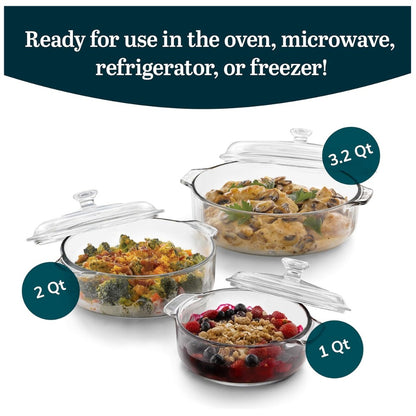 Libbey Baker's Basics Glass Casserole Dish Set with Covers, 3-Piece Bakeware Set | Oven Safe Clear Glass Baking Dishes with Glass Lids | Covered Casserole Dishes for Baking, Serving, Storing & Reheating