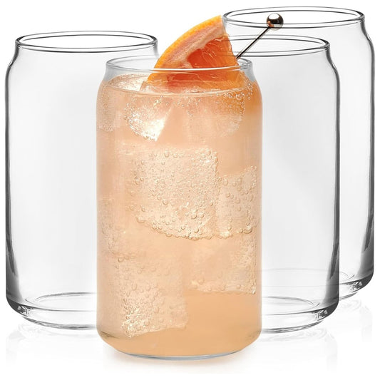 Libbey Classic Can Shaped Drinking Glasses Set of 4, 16 oz Clear Glass Tumblers | Beer Can Style Glass Cups for Iced Coffee, Beer, Soda, Cocktails, Smoothies & Everyday Beverages | Dishwasher Safe